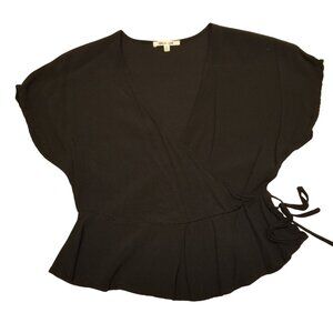Black Wrap Top Peplum Style Blouse with Tie and Front Pleat Small Bleuh Ciel